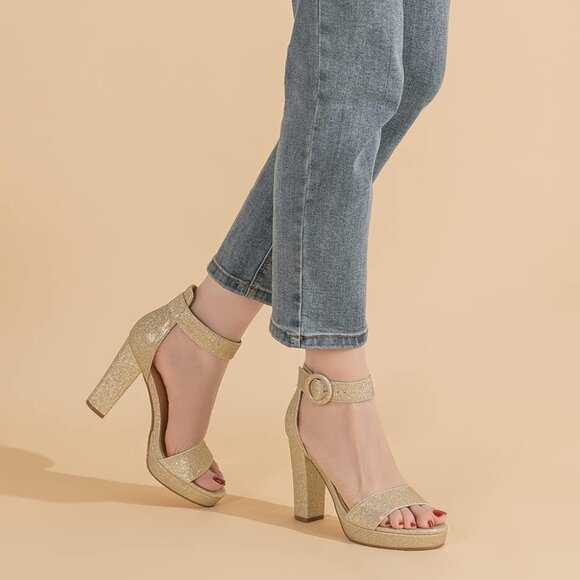 Amoji Women Glitter-gold Faux Suede Open Toe High Heel Chunky Platform Sandals - Picture 7 of 8